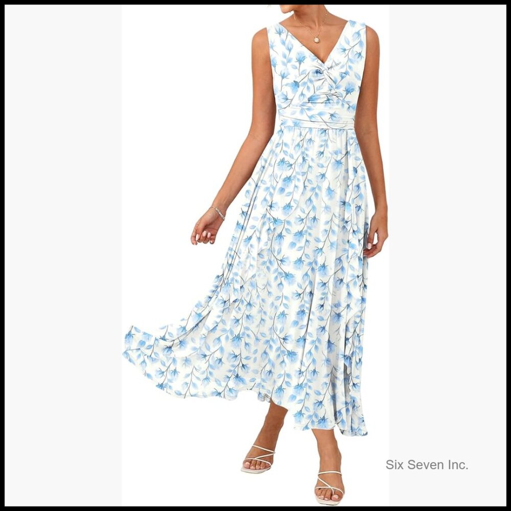 Sleeveless Maxi Dress V Neck Floral A Line Ruffle Wedding Guest Beach